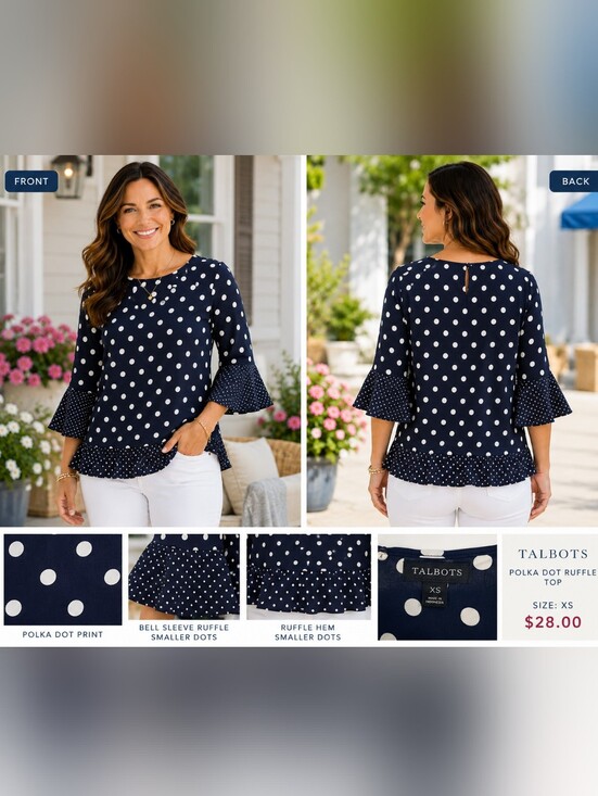 Talbots Tops - Talbots Ruffle Polka Dot Navy Blue & White Pull Over Oversized Top Size XS #W890